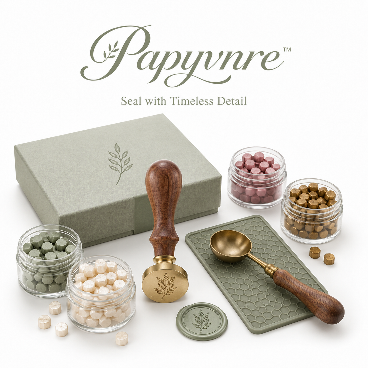 Papyvnre™ Heritage Wax Seal Starter Kit – Brass Botanical Stamp, Wax Beads, Spoon & Craft Tools