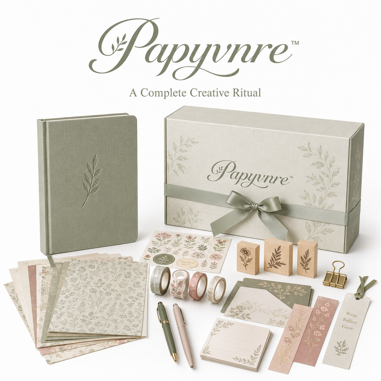 Papyvnre™ Quiet Garden Deluxe Journaling Box – Luxury Notebook, Washi Tape, Stickers, Pens & Stamps