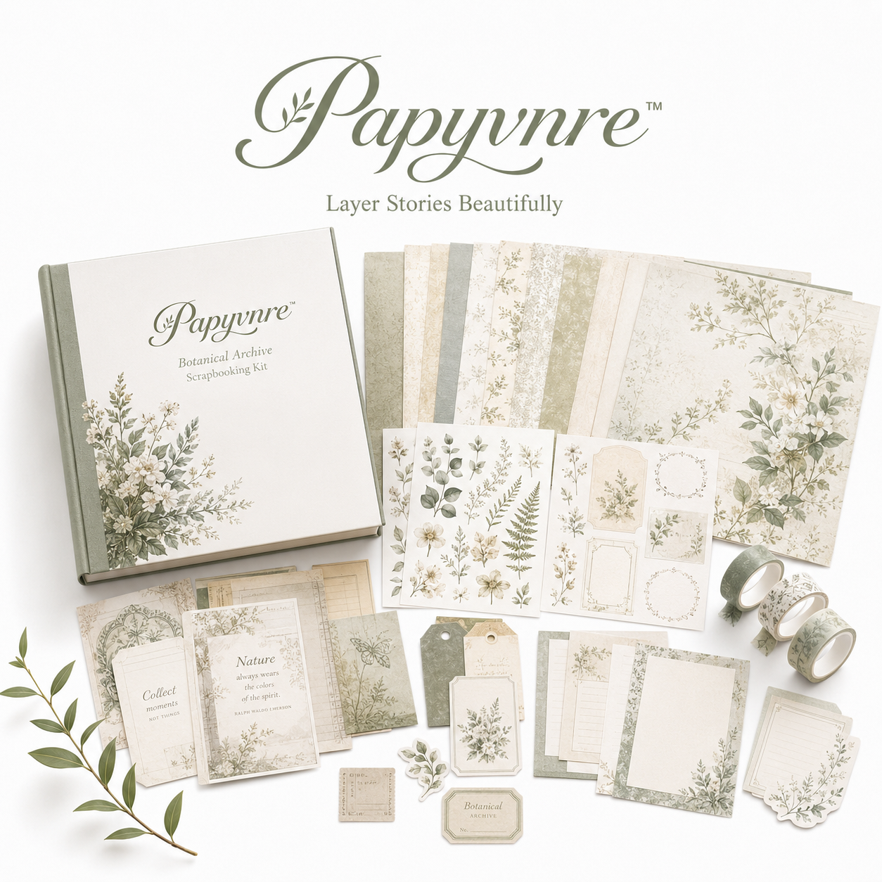 Papyvnre™ Botanical Archive Scrapbooking Kit – Vintage Journaling Paper, Stickers, Washi Tape & Ephemera