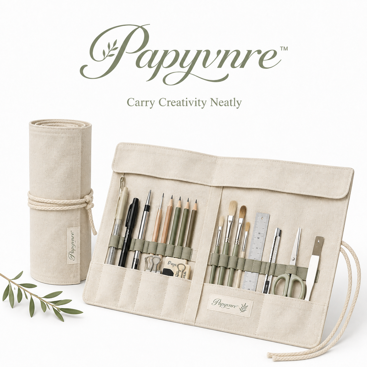 Papyvnre™ Canvas Craft Tool Roll – Portable Pen, Brush & Stationery Organizer for Journaling Supplies